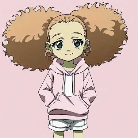 Jazmine, afro puffs, mixed skin, green eyes, smiling, pink hoodie, white shorts, light pink background