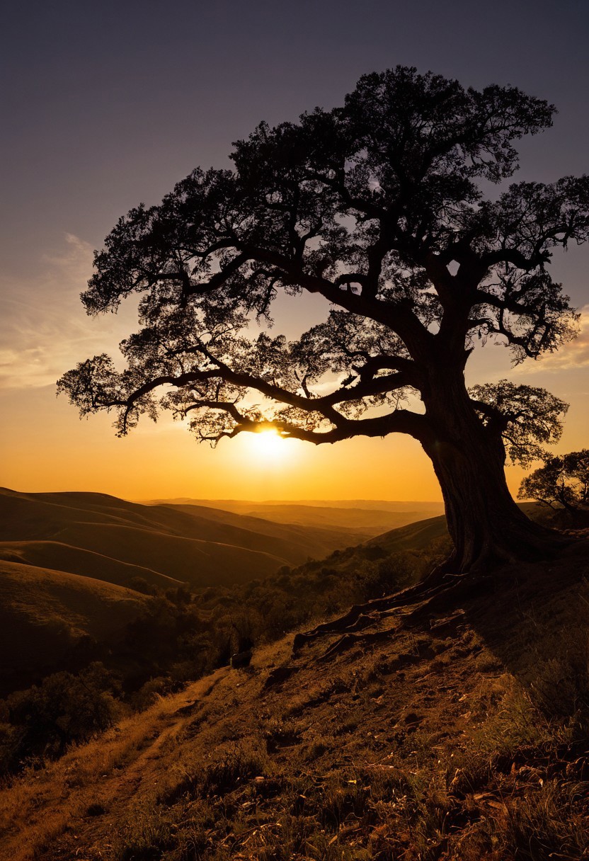 A contemplative landscape photograph captured during golden hour features a solitary human figure silhouetted against a dramatic sunset backdrop. A large oak tree stands in the foreground at the left third of the frame, its dark branches spreading outward to frame the scene. A winding river reflects the orange and golden light below, meandering from the center of the frame toward the horizon. Multiple layers of rolling hills create depth through atmospheric perspective, appearing as graduated shades of blue-gray in the distance, all bathed in rich, golden tones from the setting sun. The high-angle wide shot employs natural backlighting to create a powerful contrast between the dark silhouettes and the glowing landscape. Wide-angle landscape photography with natural backlighting and atmospheric depth.