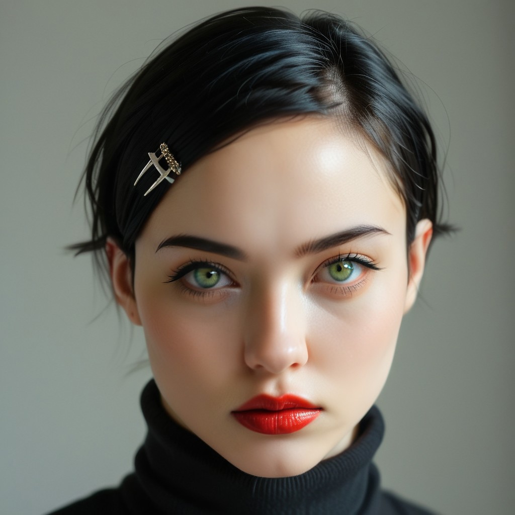 portrait, light makeup, neoteny, 18 years old, soft jaw, puffy mouth, large eyes, perfect yes, turtleneck white shirt, skinny , narrow face, european, face close up, 1girl, solo, black hair, bobcut, hairpins, glossy red lipstick, lips, looking at viewer, realistic, grey background, serious expression, simple background, face, green  eyes, upper body, eyelashes, close-up, nose, eyebrows, indoors, bright lighting, artistic shot, perfecteyes