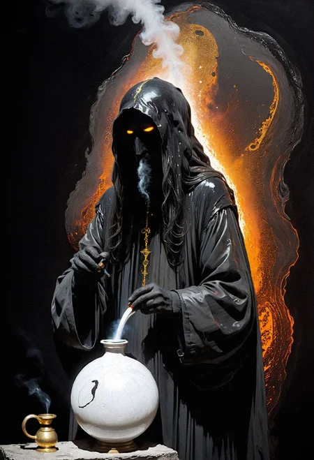 illustration of an old man, otherworldly, mysterious, back view, long hair, arching, black hair, long hair, face covered, obscured face, no face, molten plastic, abstract, black plastic, white plastic, galactic dusk, gold particles, thin black shirt, dark, (smoking a pipe, motel lava:1.2) <lora:add-detail-xl:0.7> <lora:xl_more_art-full_v1:0.7> <lora:sdxl/nicola_samori_dark_art_style:0.7> in the style of Nicola Samori