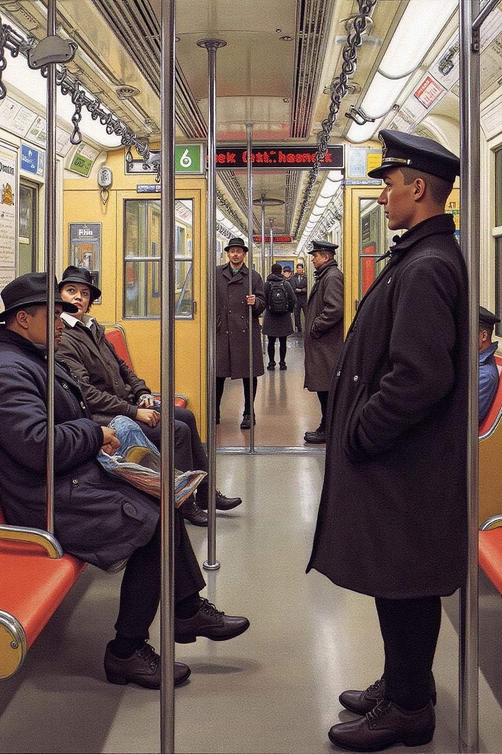 car1ar painting.
A scene inside a subway train. With passengers show side way in profiles.  <lora:car1ar1_cap_d6a3:1.0><lora:825502880762068137:0>