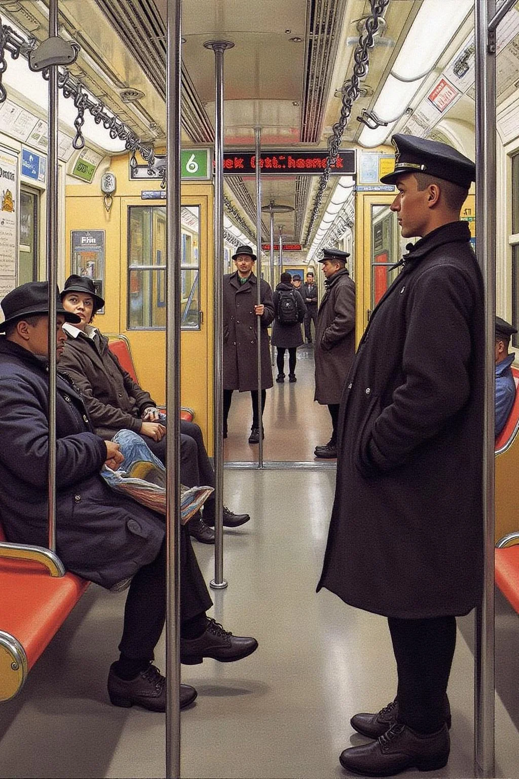 car1ar painting.
A scene inside a subway train. With passengers show side way in profiles.  <lora:car1ar1_cap_d6a3:1.0><lora:825502880762068137:0>