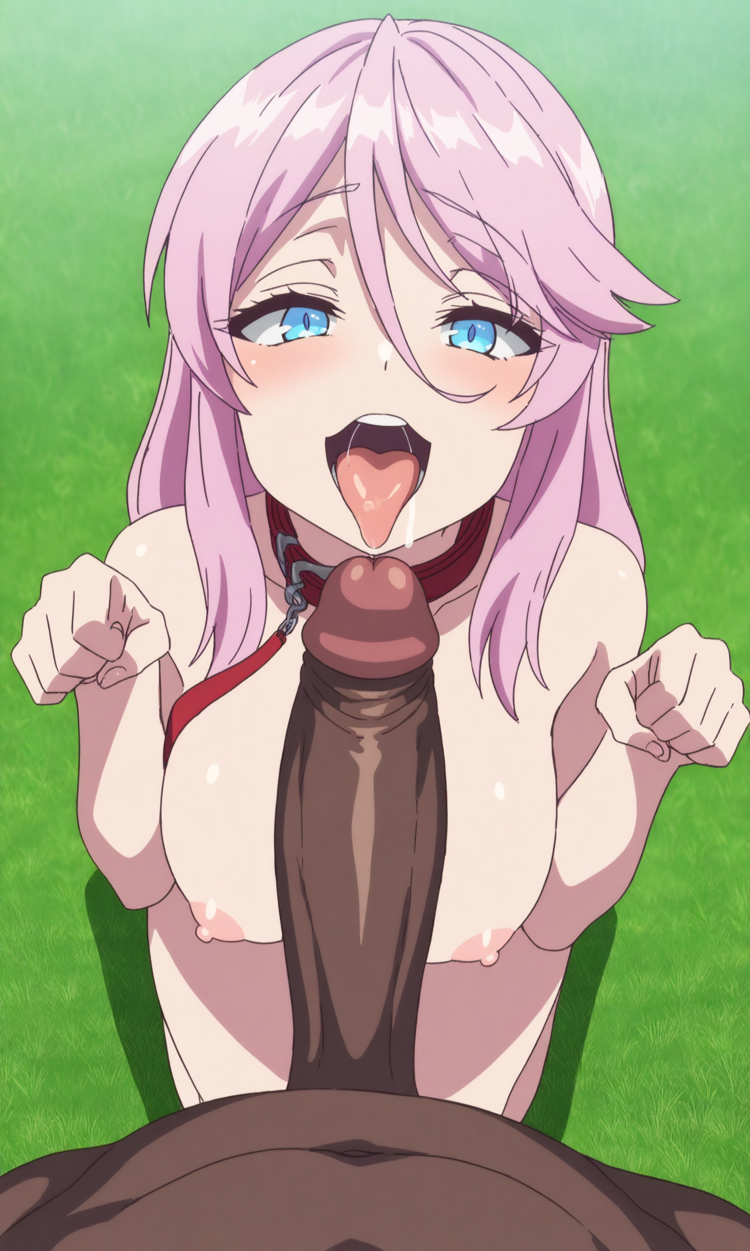 masterpiece, best quality, high resolution, absurdres, 1girl, kaifustyle, freiya_(kaiyari), pink_hair, long_hair, hair_between_eyes, large_breasts, blue_eyes, kneeling, completely_nude, nipples, looking_at_viewer, naughty_face, open_mouth, tongue_out, drooling, 1boy, interracial, hetero, large_penis, penis_awe, penis_on_face, erection, dark-skinned_male, leash, happy, pet_play, paw_pose, grey_background, penis_on_cheek, imminent_fellatio, upper_teeth_only, outdoors, grass, day