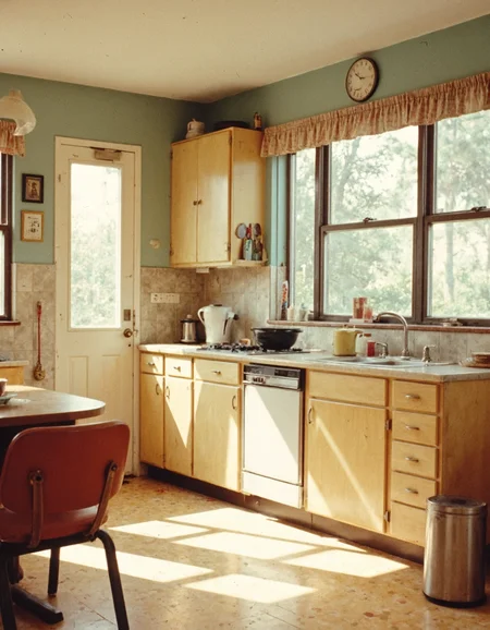 GroovyAesthetica, 1970s style, Using a 35mm lens, take a Kodachrome photograph.
<break>
A vintage-inspired illustration of a 1970s-era kitchen, complete with vintage-style appliances, a few pots and pans, and a few kitchen utensils.