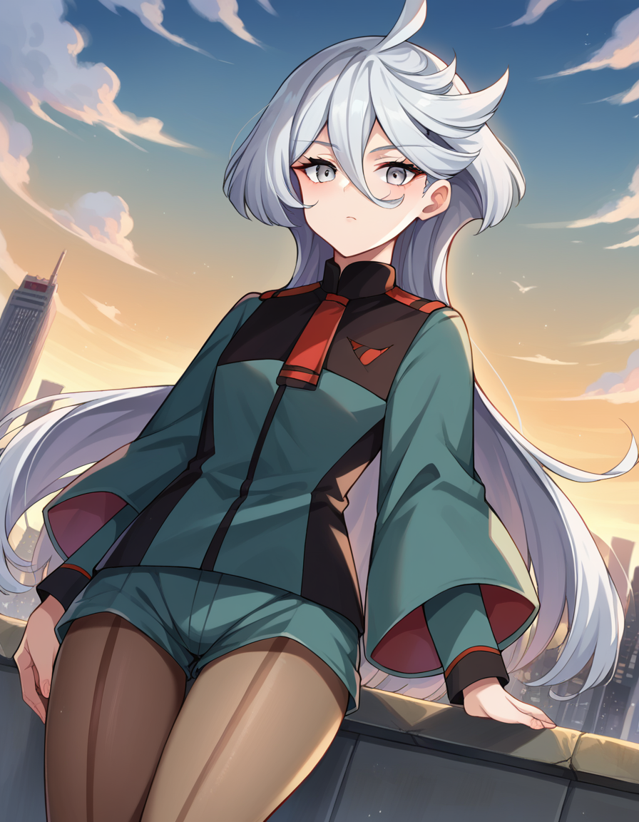 score_9, score_8_up, score_7_up, source_anime,
miorinerembran, <lora:miorine-rembran-ponyxl-lora-nochekaiser:1>,
miorine rembran, ahoge, grey eyes, grey hair, hair between eyes, long hair, swept bangs,
asticassia school uniform, front-seamed legwear, green jacket, green shorts, jacket, long sleeves, pantyhose, pantyhose under shorts, school uniform, seamed legwear, shorts, shoulder boards, swept bangs, wide sleeves,
outdoors, cityscape,
looking at viewer, dutch angle, cowboy shot,