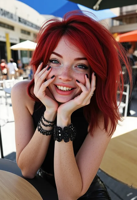 Upper body portrait photo of young goth woman with red hair and blue eyes, wearing stylish outfit with bold lace elements, dark makeup, eyeshadow, nail polish, set in café with outdoor seating on a bright sunny day, cucoloris, trickling shadows, shy smile, white teeth, volumetric lighting, dynamic pose, realistic shadows, perfect composition, hyperrealistic, RAW photo, detailed skin with freckles <lora:flux_SkinDetails_v8> <lora:flux_UltraRealPhoto> <lora:flux_willowwisdom>