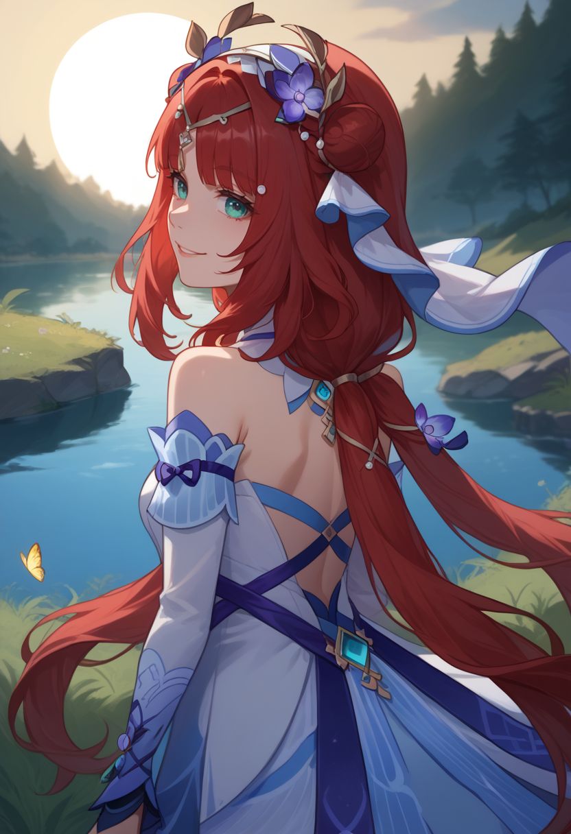 score_9, score_8_up, score_7_up, source_anime, 1girl, nilousabaa, red hair, long hair, aqua eyes, parted bangs, low twintails, medium breasts, hair ornament, hair flower, purple flower, hair bun, fake horns, circlet, white dress, clothing cutout, detached sleeves, bare shoulders, long sleeves, white veil, gem, brooch, blue gemstone, vision \(genshin impact\), blue butterfly, from behind, back, looking back, standing, smile, looking at viewer, outdoors, lake, sun, grass, cowboy shot, <lora:Nilou_v1-000007:1>
