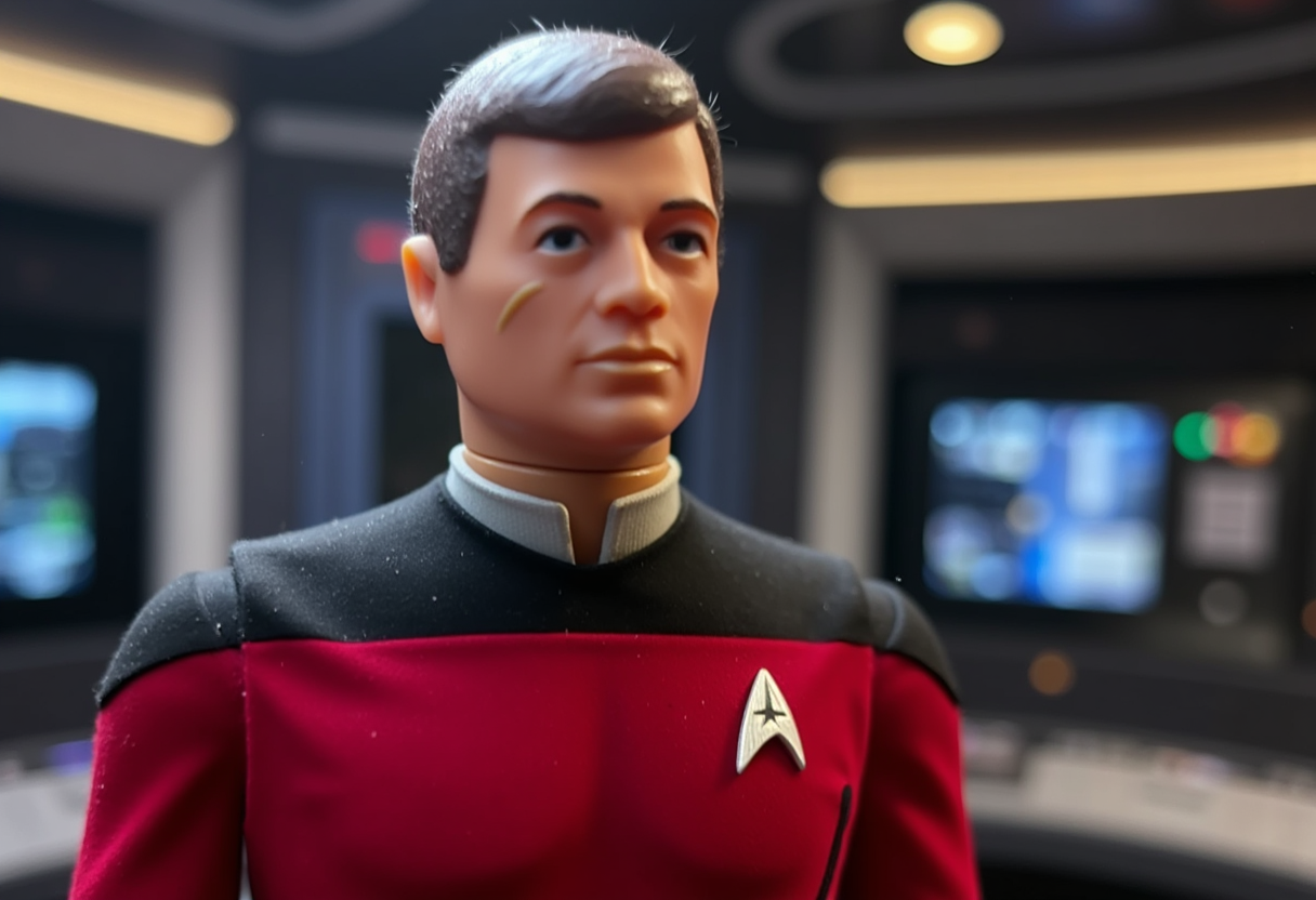 A cinematic shot of <lora:Gi-Joe_Flux:1> Gi Joe as a Starfleet captain, wearing Star Trek uniform, standing in the bridge of starship Enterprise. <lora:Dever_Flux_Enhancer:0.5>