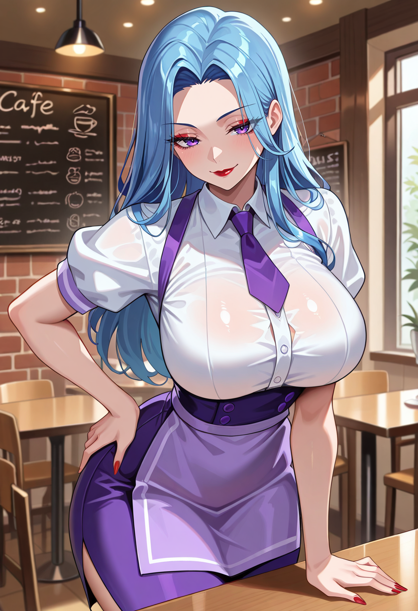 masterpiece, best quality, amazing quality, very aesthetic, absurdres, newest, 1girl, solo, <lora:RoseMaryAsura_ILU:1>, rosemaryasura, blue hair, long hair, purple eyes, waitress outfit, white top, purple tie, purple skirt, lips, red lipstick, large breasts, seductive smile, dynamic pose, hand on hip, cafe, tables, chairs