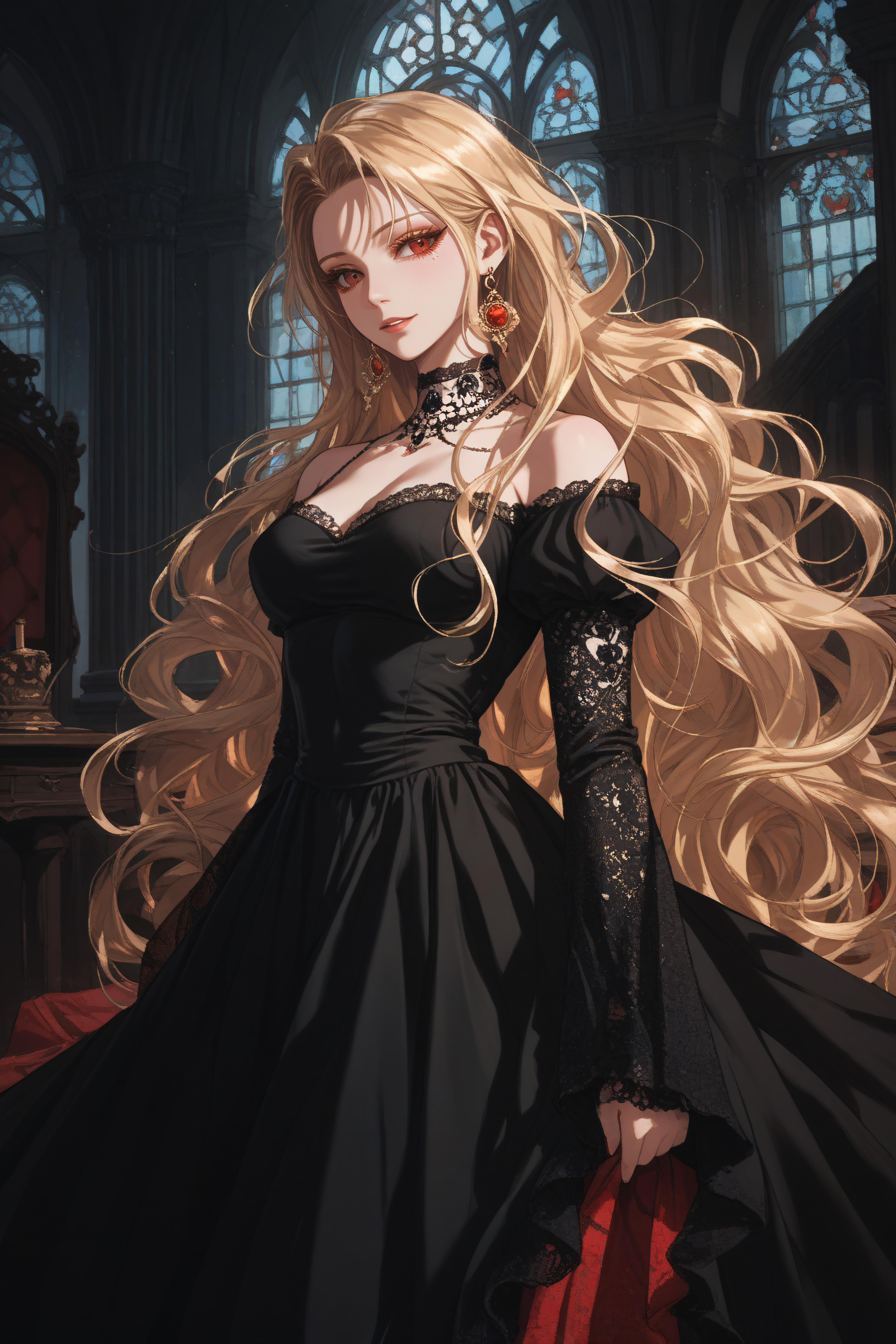 score_9, score_8_up, score_7_up, score_6_up, source_anime, <lora:Roxana Agrece v2-PonyXL-lora-Faxtron:1> roxana agree, red eyes, blonde hair, long hair, black dress,
