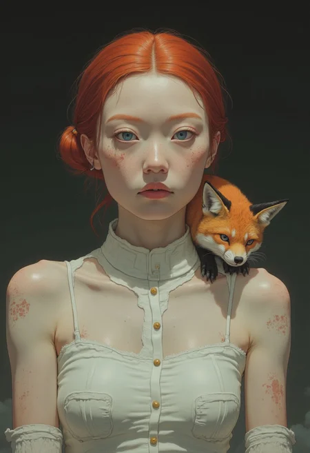 a redhead woman with a serene expression. She is seated against a dark, gradient background that transitions from a deep, almost black hue at the bottom to a lighter gray at the top, creating a soft, diffused lighting effect. The woman has light skin and her hair is pulled back into a neat bun. A full grown fox stands on her left shoulder. She is wearing a sleeveless, white blouse with a high collar and buttons down the front, adding a touch of elegance to her attire. The lighting is warm and soft and very diffused, casting gentle shadows that enhance the texture of the woman's skin and the fabric of her blouse. Smooth bokeh. The fox, with its intricate pattern of orange, black, and yellow, stands out vividly against her fair complexion. The overall mood of the image is calm and contemplative, with the woman's gentle, slightly open eyes and slightly tilted head adding to the serene atmosphere. The composition is simple yet striking, focusing on the woman's face and the fox, creating a harmonious blend of natural beauty and delicate detail. mist, moody, skin texture style
