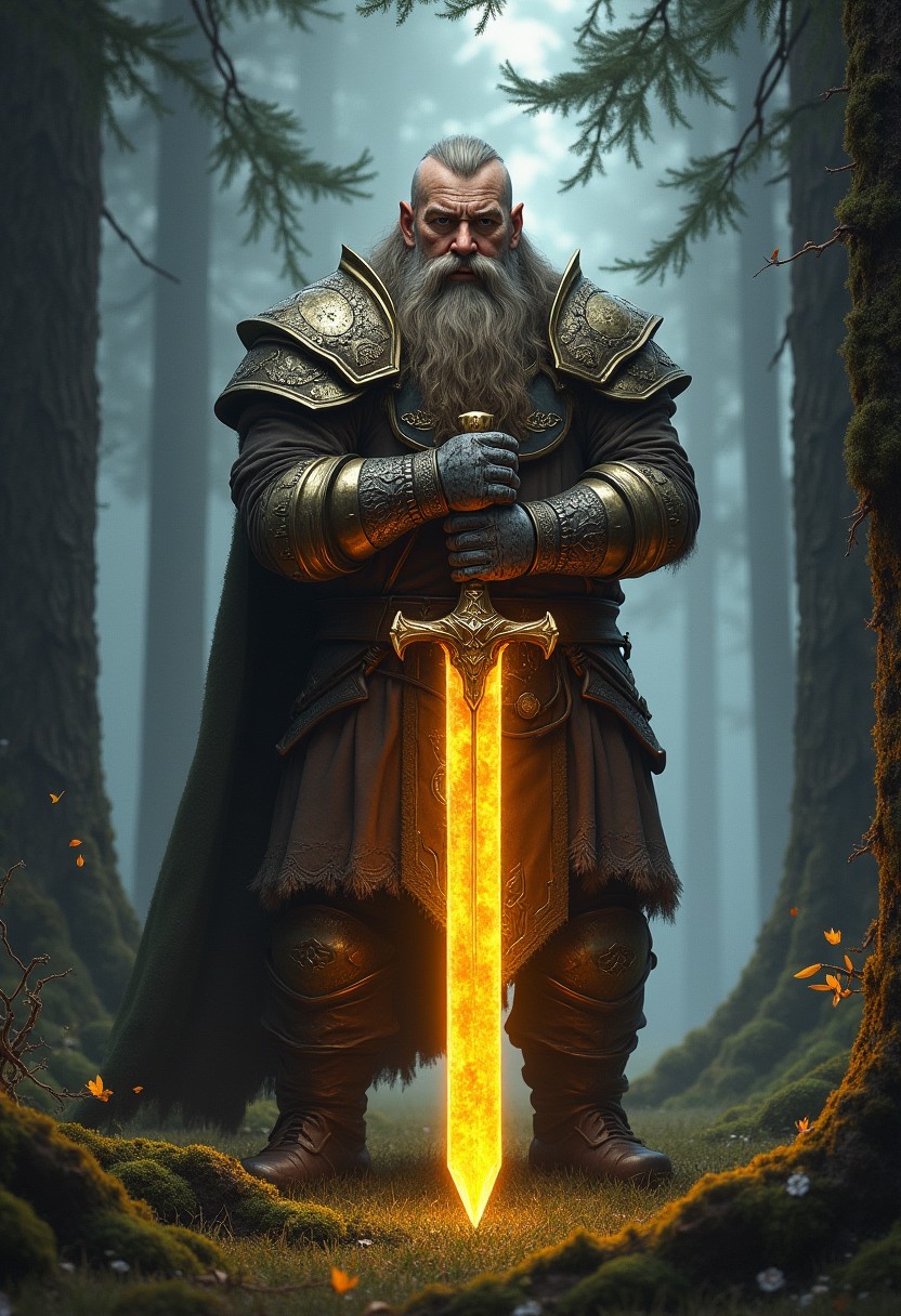 realistic dwarven warrior, gold-glowing sword, dark enchanted forest, wind blowing leaves, intense gaze, highly detailed glowing armor, photo-realistic fantasy setting, 
Standing with the sword held across the chest, both hands on the hilt, calm and focused expression,
Clusters of tall, straight pine trees with needles carpeting the ground, Moss-draped branches hanging low