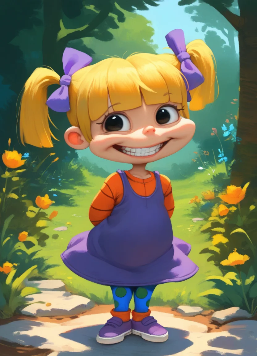score_9, score_8_up, score_7_up, score_6_up, source_cartoon, rating_safe, solo, (little girl, child:1.4), AngXL, a little girl with blonde hair styled in pigtails with bows, black eyes, wearing a purple dress with orange sleeves, blue leggings with green dots and purple sneakers, curtsy, legs crossed, portrait, smile, outdoors embedding:zPDXL, embedding:zPDXLpg,