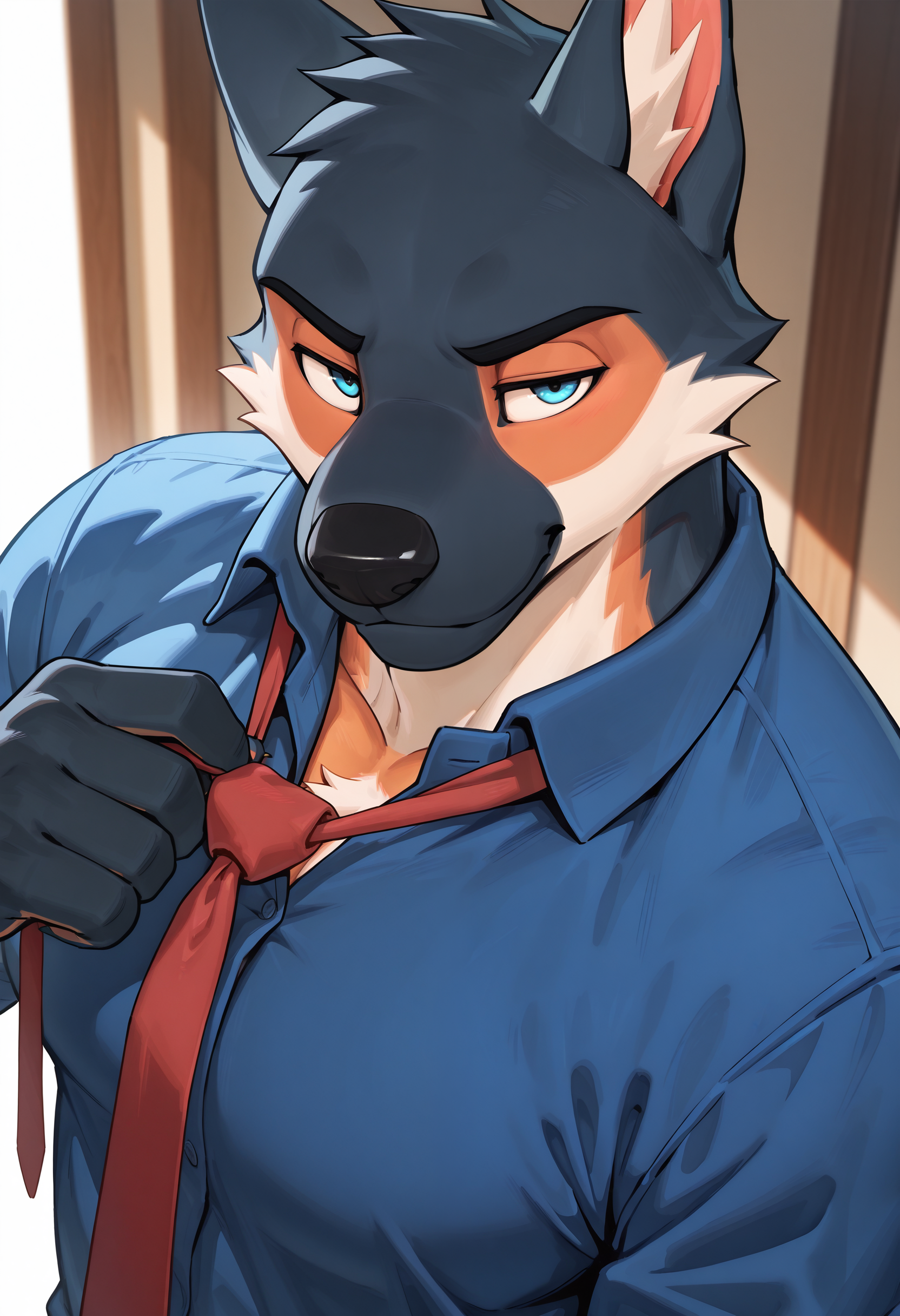 best quality, newest, absurdres, highres, (masterwork, masterpiece, best quality, hyper-detailed :1.3), anthro only, furry only,

1boy, solo,

barlitz, blue shirt, red tie, side angle, close up, looking at viewer, seductive, undressing tie,

background, 

