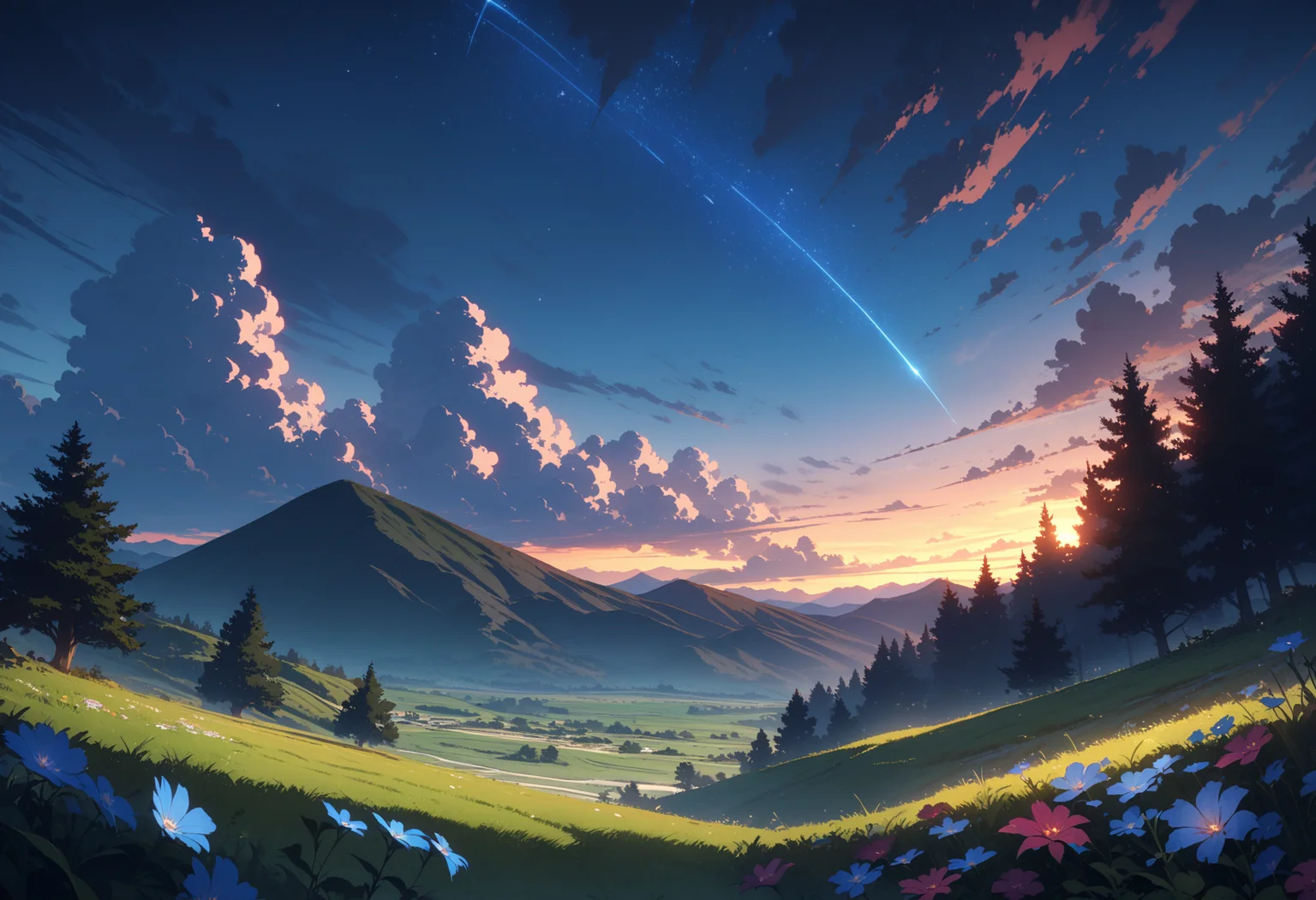 scenery, outdoors, sky, cloud, no humans, star \(sky\), mountain, mountainous horizon, flower, starry sky, grass, landscape, shooting star, nature, tree, blue sky, sunset, cloudy sky, field, night, night sky, plant, hill, evening, cumulonimbus cloud, masterpiece, best quality, very aesthetic, absurdres,