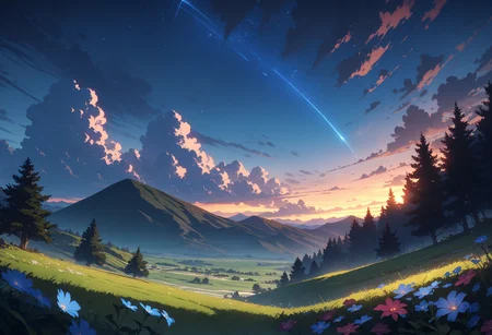 scenery, outdoors, sky, cloud, no humans, star \(sky\), mountain, mountainous horizon, flower, starry sky, grass, landscape, shooting star, nature, tree, blue sky, sunset, cloudy sky, field, night, night sky, plant, hill, evening, cumulonimbus cloud, masterpiece, best quality, very aesthetic, absurdres,