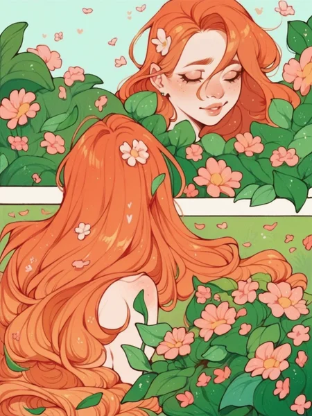 score_9, score_8_up, score_7_up, score_6_up,  <lora:p4n3lsXLP:0.9> p4n3ls, 1girl, flowers, long hair, ginger hair, comic,