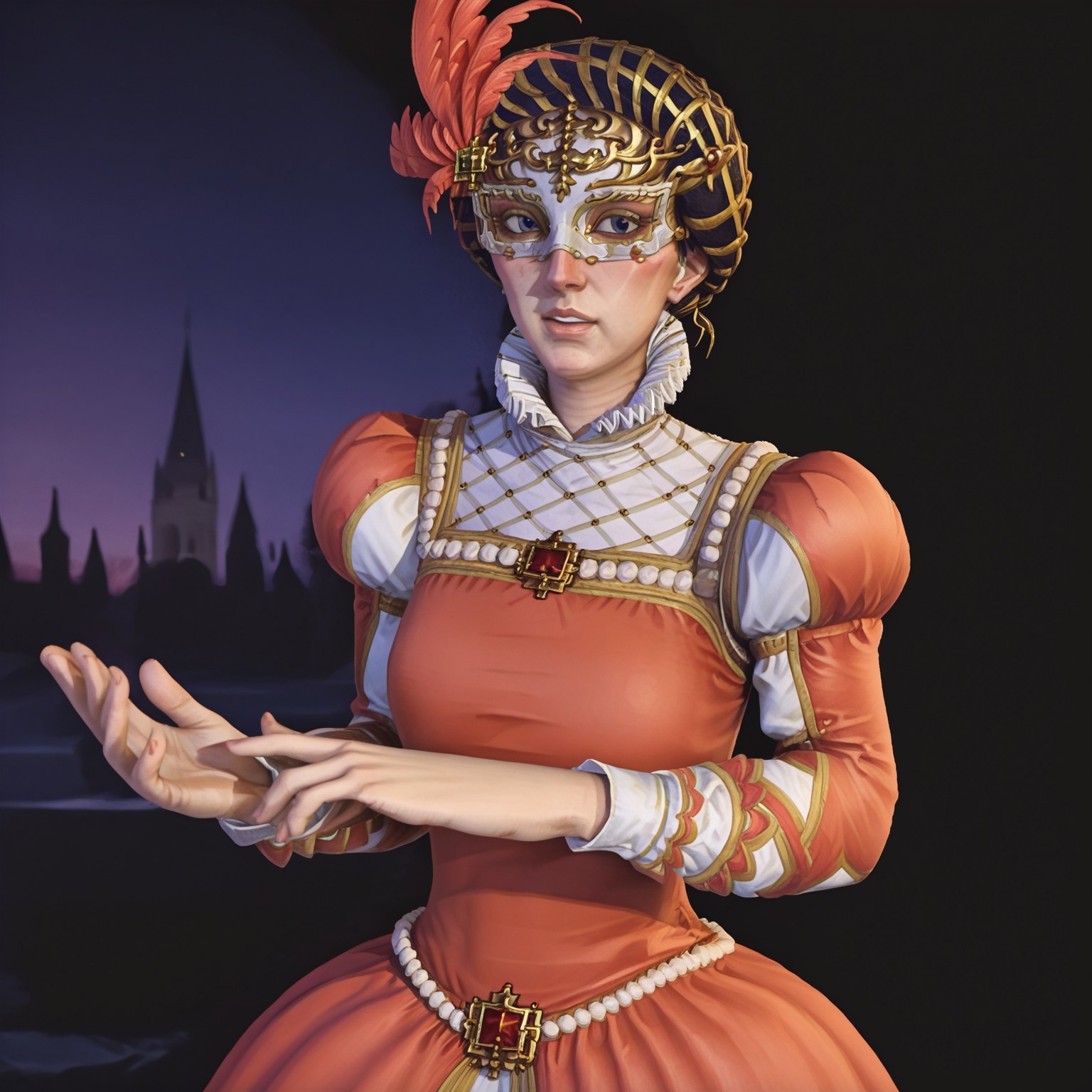 1girl, solo, catherine, magnificence catherine, ornate dress, white mask, gold headwear, clap, hands together, ornate ballroom, four fingers