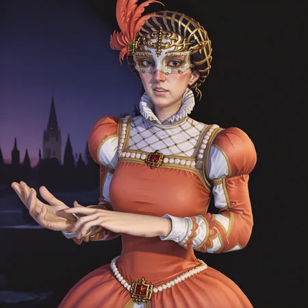 1girl, solo, catherine, magnificence catherine, ornate dress, white mask, gold headwear, clap, hands together, ornate ballroom, four fingers