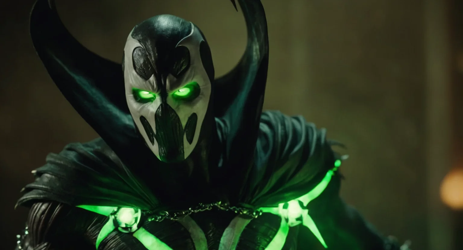 cinematic film still of (Cinematic Film stock footage style) in (arri alexa style) (Kodak film print style),
 <lora:Spawn:1>
Spawn a demonic looking creature with living symbiotic costume and green glowing eyes, shallow depth of field, vignette, highly detailed, high budget, bokeh, cinemascope, moody, epic, gorgeous, film grain, grainy