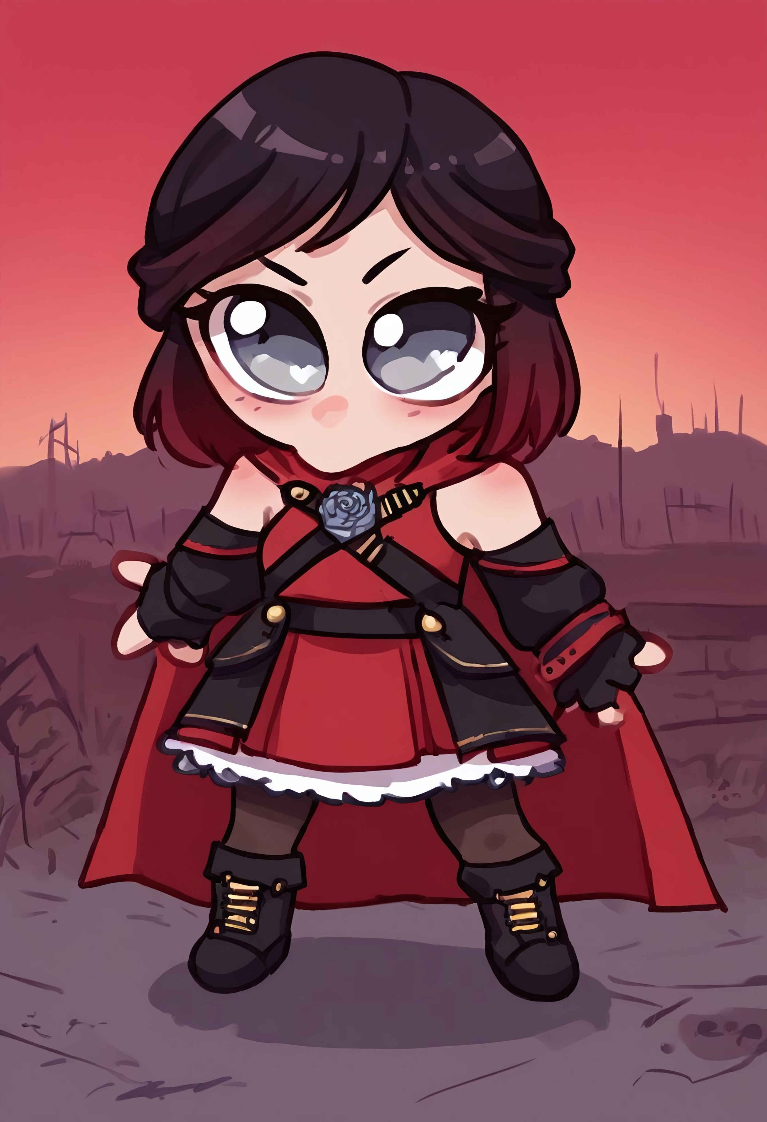 safe_pos, score_9, score_8_up, score_7_up, 
1girl, solo, SummerRose_RWBY, short hair, black hair,gradient hair, grey eyes, fingerless gloves, detached sleeves, bare shoulders, red dress,pantyhose, red cape, boots, mikus-concept, full body, big eyes, chibi, wasteland, bubbling tar pits, red sky, 