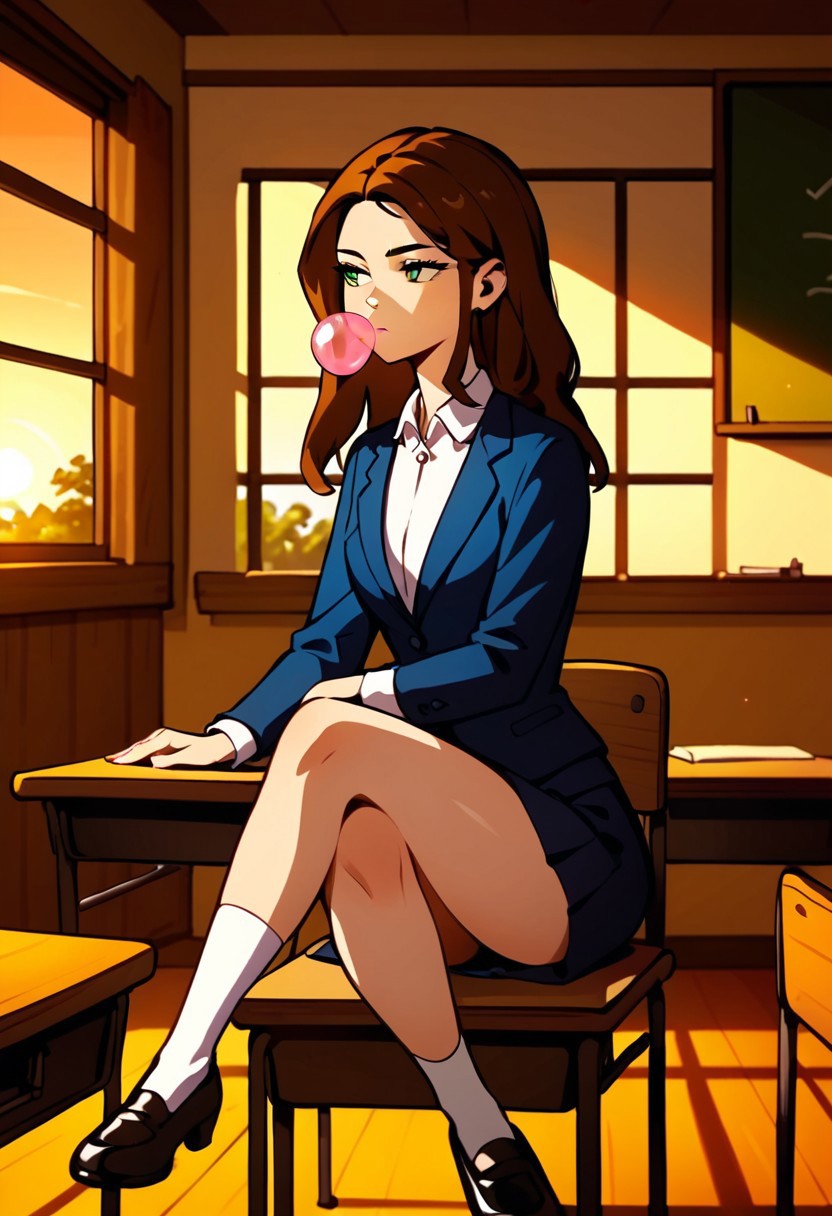 score_9, score_8_up, score_7_up, score_6_up, score_5_up, source_anime, Expressiveh
SBAbigail, 1girl, brown hair, long hair, green eyes, formal. very dark desaturated blue jacket, white collared shirt, very dark grayish blue skirt, white socks, black shoes
classroom, chair, sitting on chair, behind desk, desks, sitting, legs together,  chalkboard, windows, sunset, sun, sky, forests, indoors, detailed background, orange sky
pink bubblegum, blowing bubblegum, (bored:1.2) leaning on desk, (((elbows on desks))) looking away