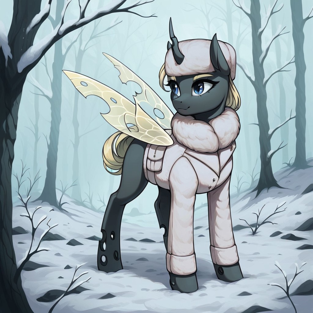 masterpiece, score_9_up, score_8_up, score_7_up, score_6_up, (best quality:1.1), ultra-detailed, high resolution, 1character, solo, Yaria, changeling queen oc, mlp, feral, black skin, long blonde mane, blonde eyebrows, (((beautiful detailed blue eyes))), long eyelashes, single horn, ears, yellow insect wings, closed mouth, white winter coat, fur collar, fur hat, full body, detailed facial features, expressiveh, simple background, highly visible, sharp focus, anatomically correct, detailed background, outside, outdoors, spruce forest in the background, winter, snow