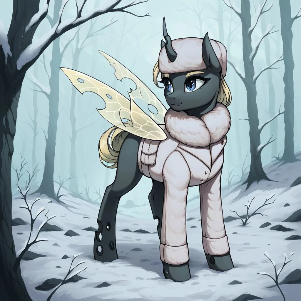 masterpiece, score_9_up, score_8_up, score_7_up, score_6_up, (best quality:1.1), ultra-detailed, high resolution, 1character, solo, Yaria, changeling queen oc, mlp, feral, black skin, long blonde mane, blonde eyebrows, (((beautiful detailed blue eyes))), long eyelashes, single horn, ears, yellow insect wings, closed mouth, white winter coat, fur collar, fur hat, full body, detailed facial features, expressiveh, simple background, highly visible, sharp focus, anatomically correct, detailed background, outside, outdoors, spruce forest in the background, winter, snow