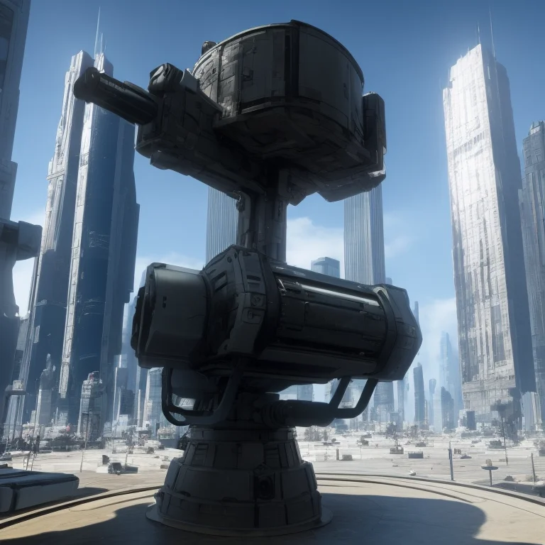 a wide shot of a cyberpunk turret structure