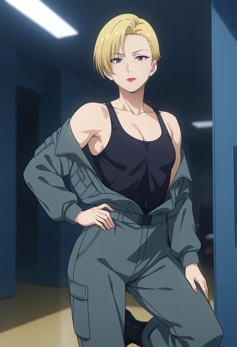 masterpiece, best quality, amazing quality, 1girl, solo, heidemarieww, mature female, purple eyes, blonde hair, short hair, lipstick, red lips, toned, small breasts, military uniform, grey jacket, black shirt, grey pants, black boots, <lora:Barrow_Heidemarie_Bravern_ill:0.9>, standing, one hand on hip, one leg slightly bent, head tilted slightly, cleavage, bare shoulders, looking at viewer, skindentation, detailed clothing folds, depth of field, sharp, high contrast, dynamic light