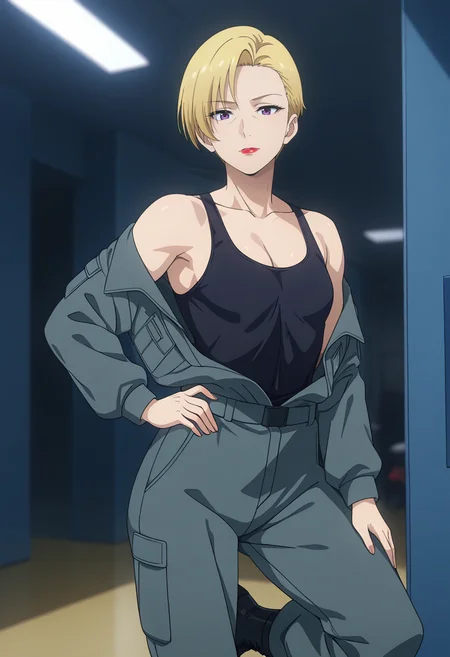 masterpiece, best quality, amazing quality, 1girl, solo, heidemarieww, mature female, purple eyes, blonde hair, short hair, lipstick, red lips, toned, small breasts, military uniform, grey jacket, black shirt, grey pants, black boots, <lora:Barrow_Heidemarie_Bravern_ill:0.9>, standing, one hand on hip, one leg slightly bent, head tilted slightly, cleavage, bare shoulders, looking at viewer, skindentation, detailed clothing folds, depth of field, sharp, high contrast, dynamic light
