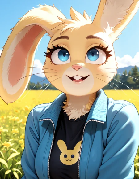 masterpiece, best quality, very aesthetic, absurdres,
outdoors,
headshot, 
t-shirt, jacket, 
seductive smile, parted lips, long eyelashes, 
<lora:Amy_Hope_v02_NAIXL:1>
Am1H0pe,1girl,solo,furry,furry female, rabbit girl, rabbit ears, blue eyes, animal nose, whiskers, buck teeth, body fur, yellow fur,