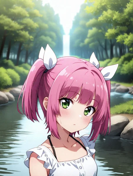 masterpiece, best quality, <lora:spo_sdxl_10ep_4k:0.5>, Perfect Hands, sfw,
<lora:urin_IL:0.8>,
1girl, solo, urin, long hair, short twintails, pink hair, green eyes, hair ribbon, white dress ,
head tilt, outdoors, water, stream, arms at sides, looking at viewer, day, river, nature, standing, tree, upper body, forest, blurry, (blurry background:1.2), dynamic lighting,
