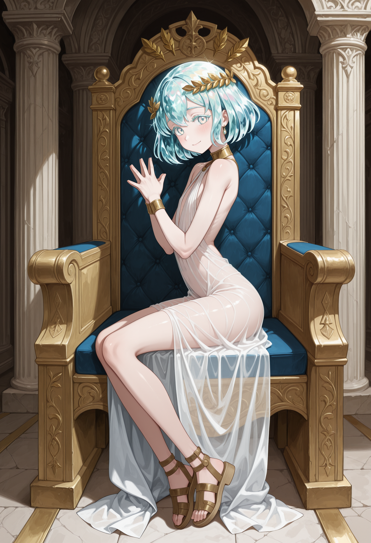 masterpiece, best quality, highres, absurdres, 1girl, solo, crystal hair, multicolored hair, short hair, d1am0nd, white skin, hair between eyes, flat chest, ancient greek clothes, sleeveless, (peplos), jewelry, (laurel crown:1.2), hair ornament, see-through, indoors, throne room, throne, pillar, banner, sitting, from side, full body, arched back, colored eyelashes, multicolored eyes, sandals, looking at viewer, steepled fingers, own hands together, hands up, light blush, light smile, closed mouth