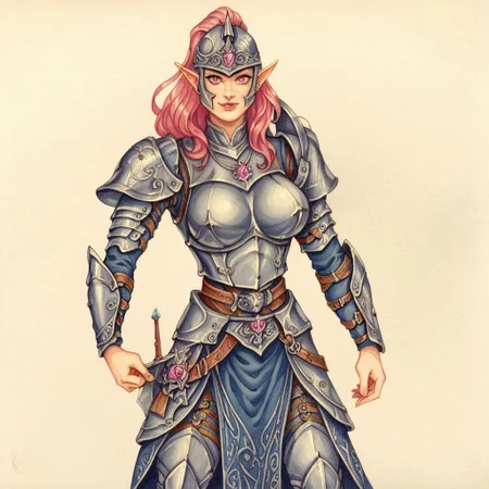 score_9, score_8_up, score_7_up, oblivionarts, cowboy shot, 1girl, solo, CroneHellebron, armor, helmet, jewelry, pink hair, pink eyes, very long hair, pointy ears, curvy, huge breasts, seductive smile, beach background, traditional art, medieval aesthetic, best quality, detailed, masterpiece, Expressiveh, <lora:Oblivion:1>