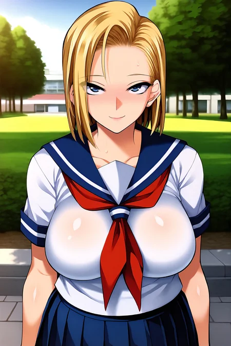 score_9, score_7_up,
BREAK
solo, 1girl, looking at viewer, closed mouth, smile, blush, nose blush,
BREAK
<lora:android18_shutenDouji-v4:1>, 18-shuDou, large breasts, blue eyes, grey eyes,
school uniform, serafuku, white shirt, short sleeves, neckerchief, red neckerchief, pleated skirt, blue skirt,
BREAK
school, outdoors, courtyard,