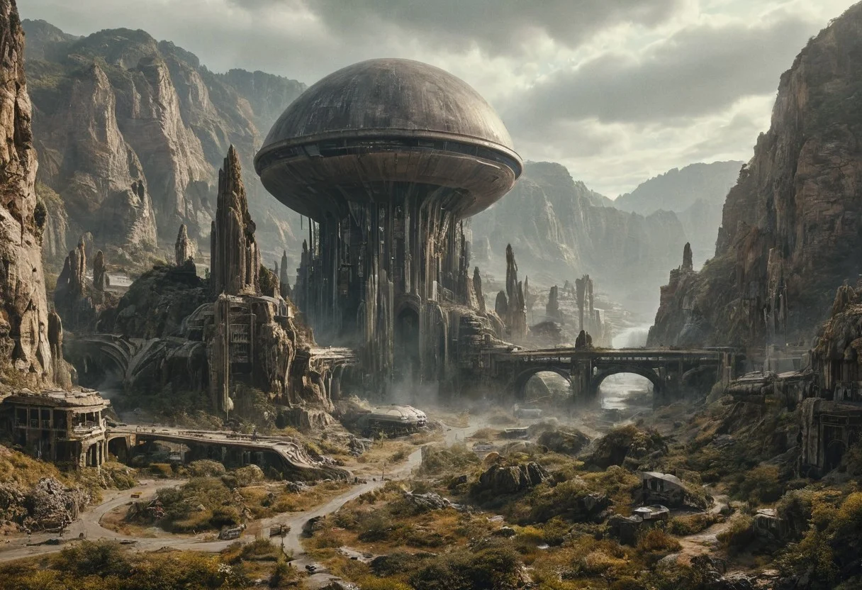 A grand, majestic 1960s retro-futurism space-opera city carved into a mountainside on a alien planet with intricate architectural designs. The city features multiple domed buildings, towering statues, and a large bridges connecting different parts of the city. The scene is set in a alien landscape with rocky cliffs and waterfalls, creating a sense of awe and wonder. dark scary horror alien worls