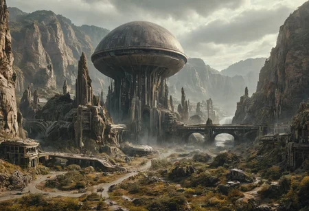 A grand, majestic 1960s retro-futurism space-opera city carved into a mountainside on a alien planet with intricate architectural designs. The city features multiple domed buildings, towering statues, and a large bridges connecting different parts of the city. The scene is set in a alien landscape with rocky cliffs and waterfalls, creating a sense of awe and wonder. dark scary horror alien worls