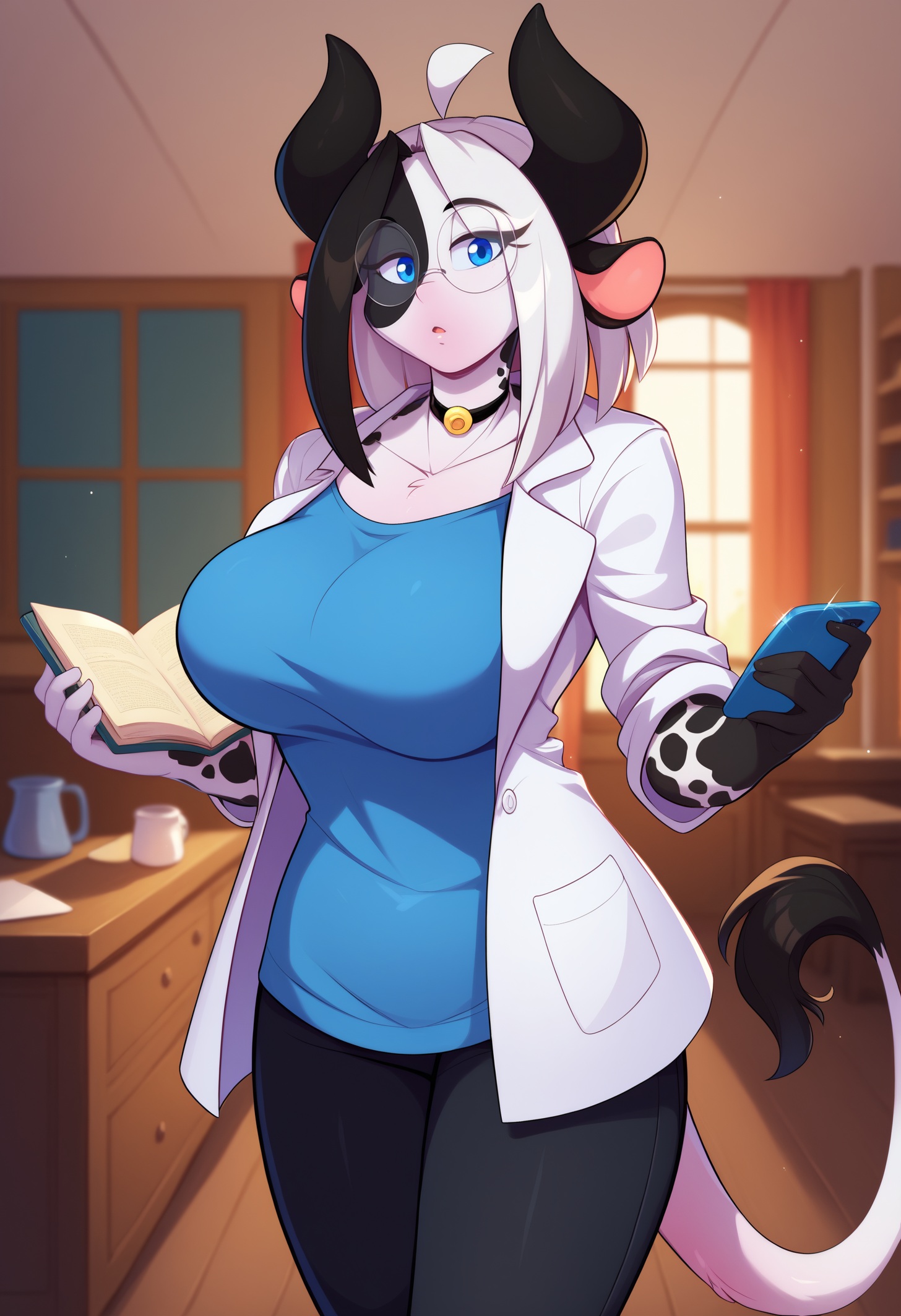 score_9, score_8_up, score_7_up, detailed background, BREAK 1girl, solo, alejandra, blue eyes, cow girl, animal ears, cow tail, two-tone hair, medium hair, large breasts, <lora:AlejandraColdthornPDXL_V1-Manityro-CAME:1.0>, indoors, living room, 
looking at viewer, reading book, walking, holding smartphone, 
glasses, neck bell, black choker, lab coat, blue shirt, black pants