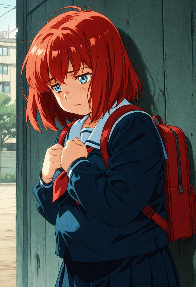 (anime style) 1 girl, 18years , red hair, blue eyes, dark circles around her eyes, fat, beautiful, cute, tired face, leaning against the wall, school uniform, with backpack, half-abandoned school, sad environment