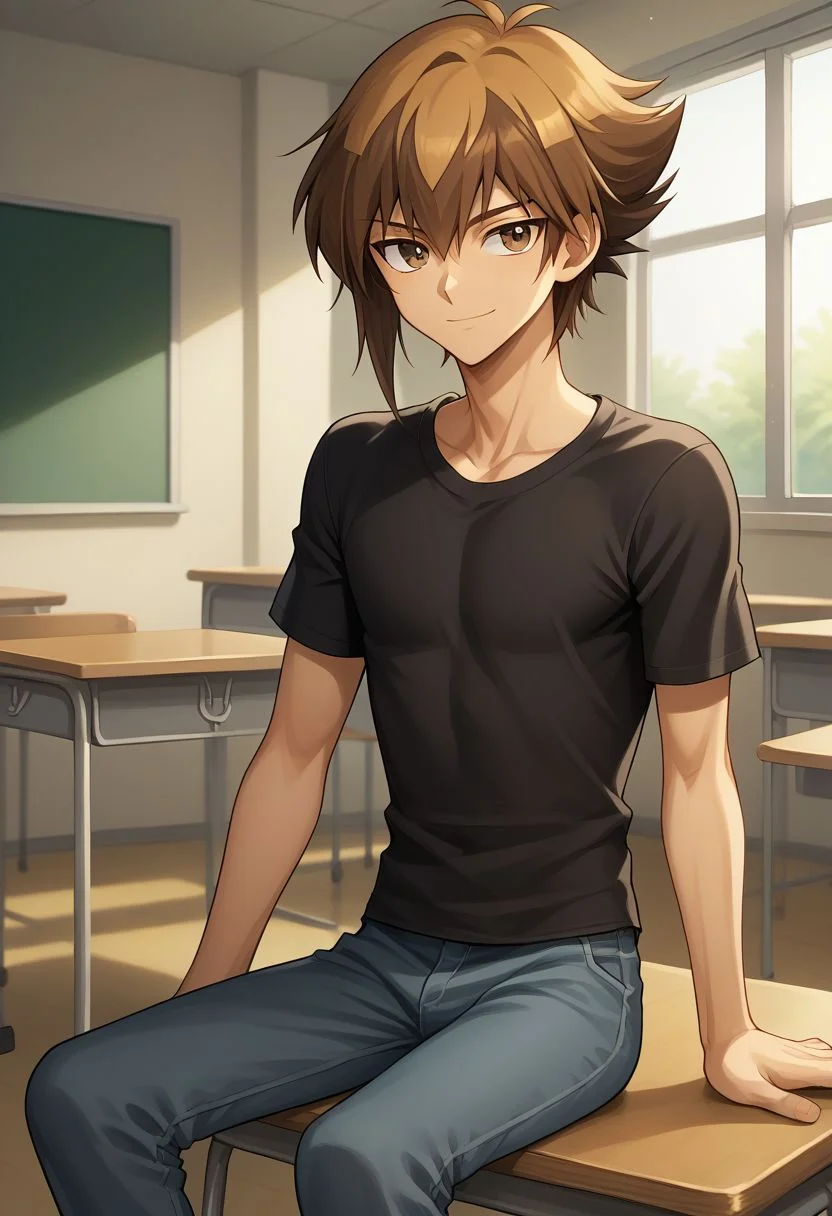 score_9, score_8_up, source_anime, highly detailed, 1boy, solo, slender, skinny,
jaden, 1boy, solo, male focus, brown hair, brown eyes, black shirt, pants, shirt, multicolored hair, smile, sit,
indoor, school, classroom,