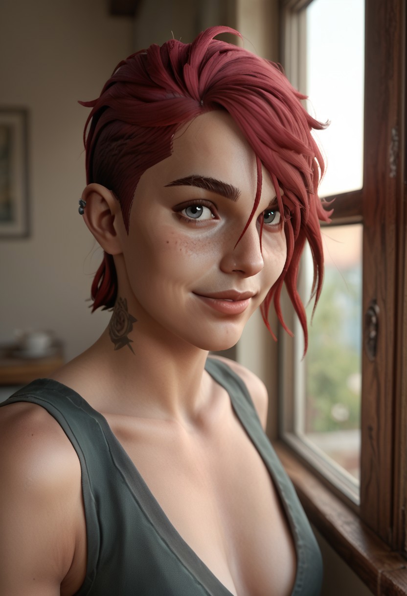 score_9, score_8_up, score_7_up Arcane Vi light freckles looking out the window with her eyes on the viewer little smile