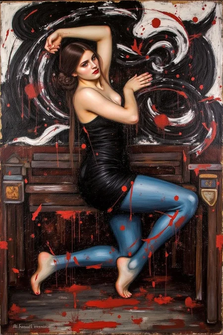 jwwaterhouse1 painting. A surreal painting of a graceful female dancer in a dynamic pose, wearing a minimalist black outfit. Her body is illuminated with a blend of blue and warm tones, contrasting against a chaotic and abstract background of bold, sweeping strokes in black, white, and deep red. Red splatters and sharp, curving lines add energy and tension to the composition, creating a balance between elegance and raw, expressive movement. The overall mood is vibrant and dramatic, with an emphasis on fluidity and strength. <lora:jwwaterhouse1_cap_d6a3e11:1.0><lora:829543697663289839:0>