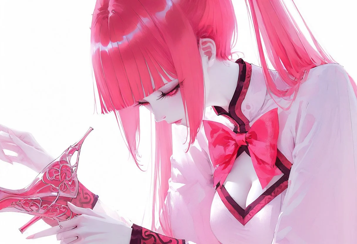 masterpiece, best quality, amazing quality, <lora:Nalan_Yanran:1>
1 girl, solo, pink hair, pink eyes, very long hair, twintails, bangs, blunt bangs, ponytail
white dress, cleavage, pink miniskirt, cleavage cutout, pink bow, pink bowtie, pleated skirt, high heels, clothing cutout, long sleeves, sailor collar, pink clothes chest, white background, eyelashes, looking down, half-closed eyes, portrait, pale skin, close-up, long eyelashes,
wlop, nhl-001, limited palette, realistic <lora:noobai_ep11_stabilizer_v0.138_fp16:0.3> <lora:NOOB_vp1_detailer_by_volnovik_v1:0.3> <lora:nhl-002-nai:0.7> <lora:nhl-001-20:0.8> <lora:XXX667:0.6>