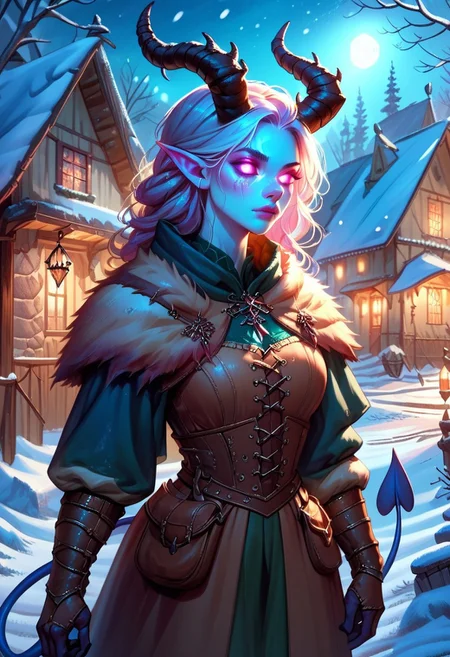 score_9, score_8_up, score_7_up, score_6_up, female, demon, horns, tail, glowing eyes, winter, village, night, medieval clothes