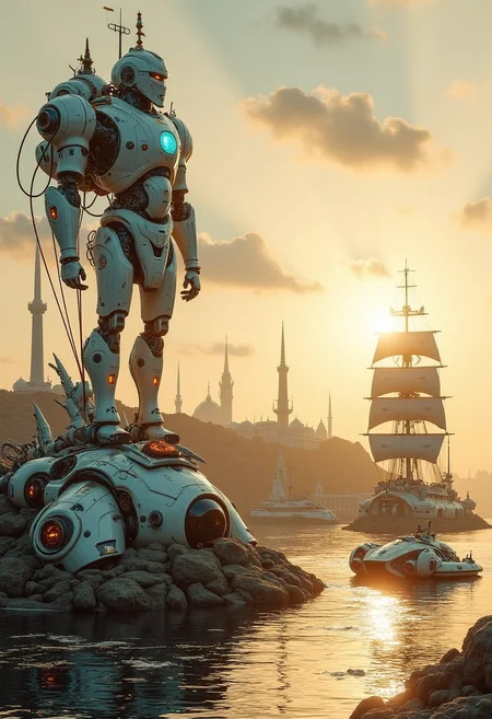 YFG-Zaat A sprawling coastal cityscape dominated by colossal statues and towering lighthouses, bathed in the golden glow of a setting sun. A giant robotic colossus, styled as an ancient god holding a glowing energy beacon, stands on a massive pedestal overlooking the harbor. Futuristic sailing ships with sleek, metallic hulls and glowing accents glide across the water, blending classical naval design with advanced technology. In the distance, fortified hillsides are dotted with towering structures and shimmering glass domes. The scene captures a harmonious fusion of ancient grandeur and futuristic ingenuity, evoking a sense of awe and quiet mystery in the style of Simon StÃ¥lenhagâs retro-futuristic worlds.