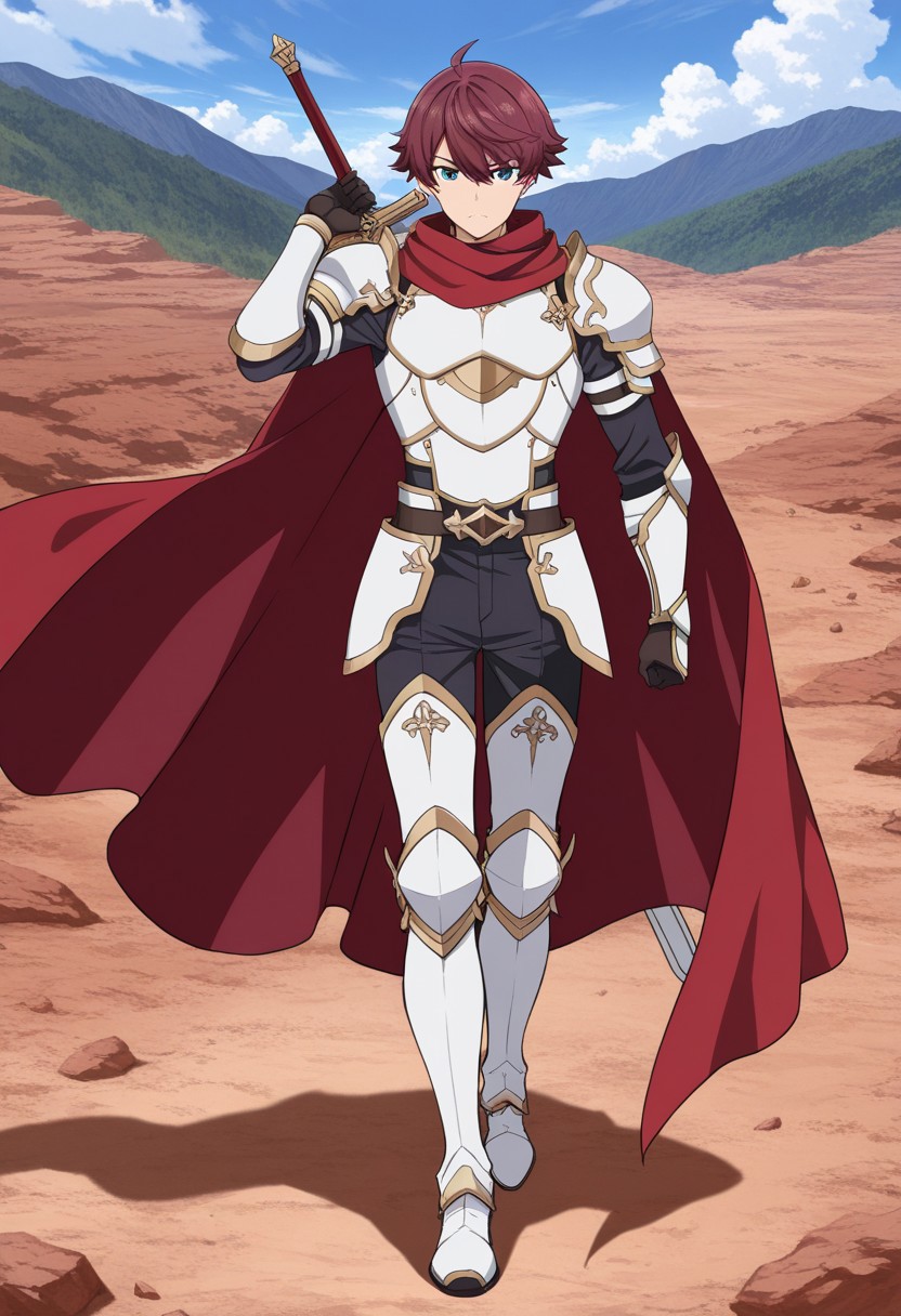 score_9, score_8_up, score_7_up, score_6_up, score_5_up, score_4_up, high quality, (detailed eyes:1.5), (detailed face), ((perfect face)), master piece, best high quality, ultra details, intricate details, male focus, detailed body, detailed background, perfect anatomy, masterpiece, high quality, best quality, amazing quality, very aesthetic, absurdres, ryuusen kazuki, maroon hair, blue eyes, white armor, gold trim, sword behind back, serious, red cape, red scarf, (battlefield), (((full body)))