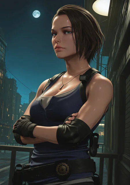 safe_pos, masterpiece, high quality, detailed skin,, best quality, BREAK, dynamic angle, 1girl, jillre3, solo, brown hair, blue eyes, necklace, tank top, undershirt, shoulder holster, belt, fingerless gloves, elbow pad, small perky breasts, cleavage, arms crossed, looking at viewer, seductive, city, zombie apocalypse, detailed scenery, cinematic lighting, moon light, night time