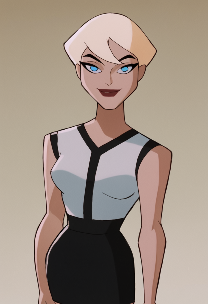 <lora:ChelseaBatmanBPony1.0:1> chelsea, 1girl, solo, blonde hair, short hair, white shirt, blue eyes, lipstick, black skirt, score_9, score_8_up, score_7_up, score_6_up, score_5_up, score_4_up, looking at viewer, smile,
