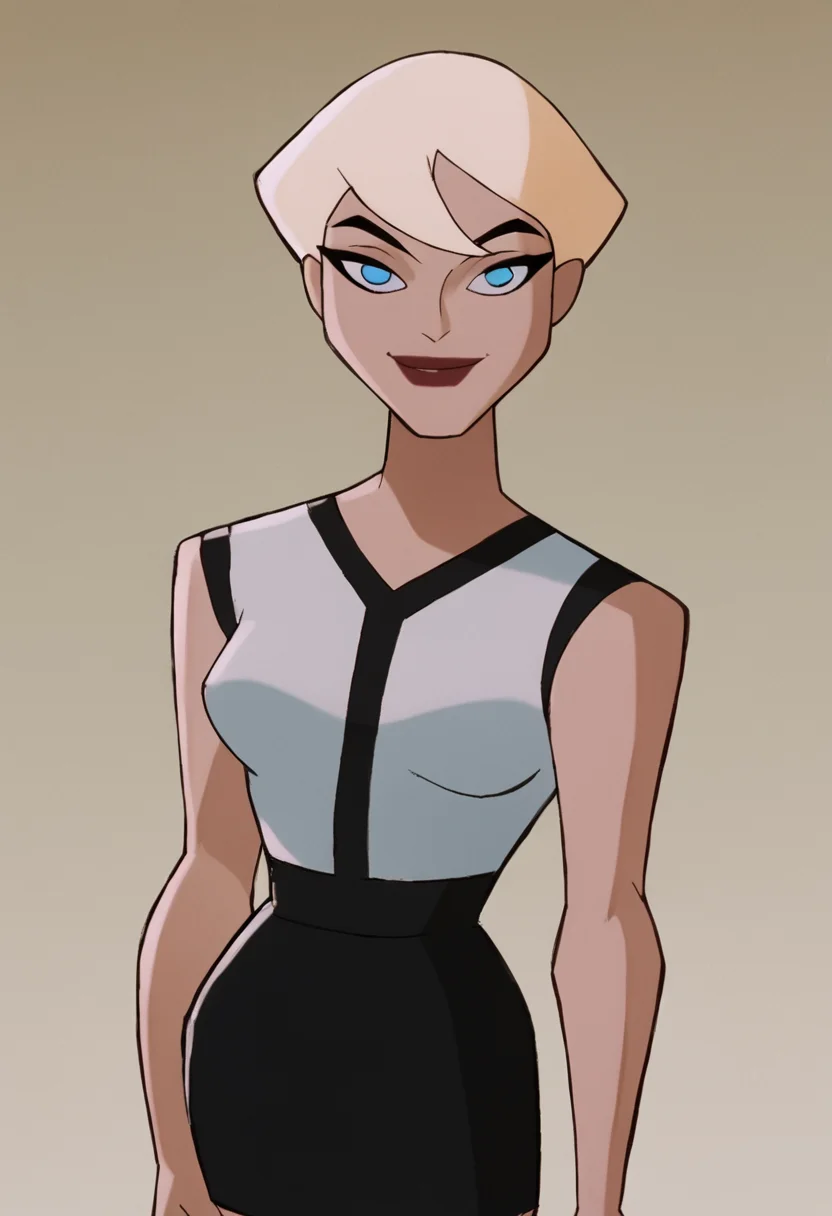 <lora:ChelseaBatmanBPony1.0:1> chelsea, 1girl, solo, blonde hair, short hair, white shirt, blue eyes, lipstick, black skirt, score_9, score_8_up, score_7_up, score_6_up, score_5_up, score_4_up, looking at viewer, smile,